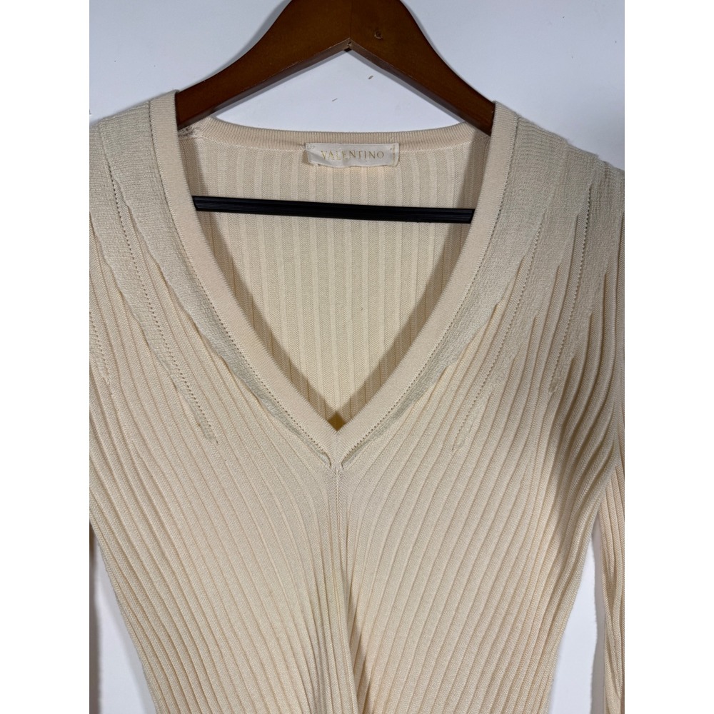 Valentino Cream Ribbed Wool Silk Cashmere V-Neck Top with Flared Bell Sleeves